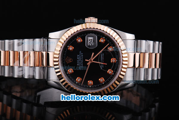 Rolex Datejust Automatic Rose Gold Bezel with Diamond Marking and Black Dial - Click Image to Close